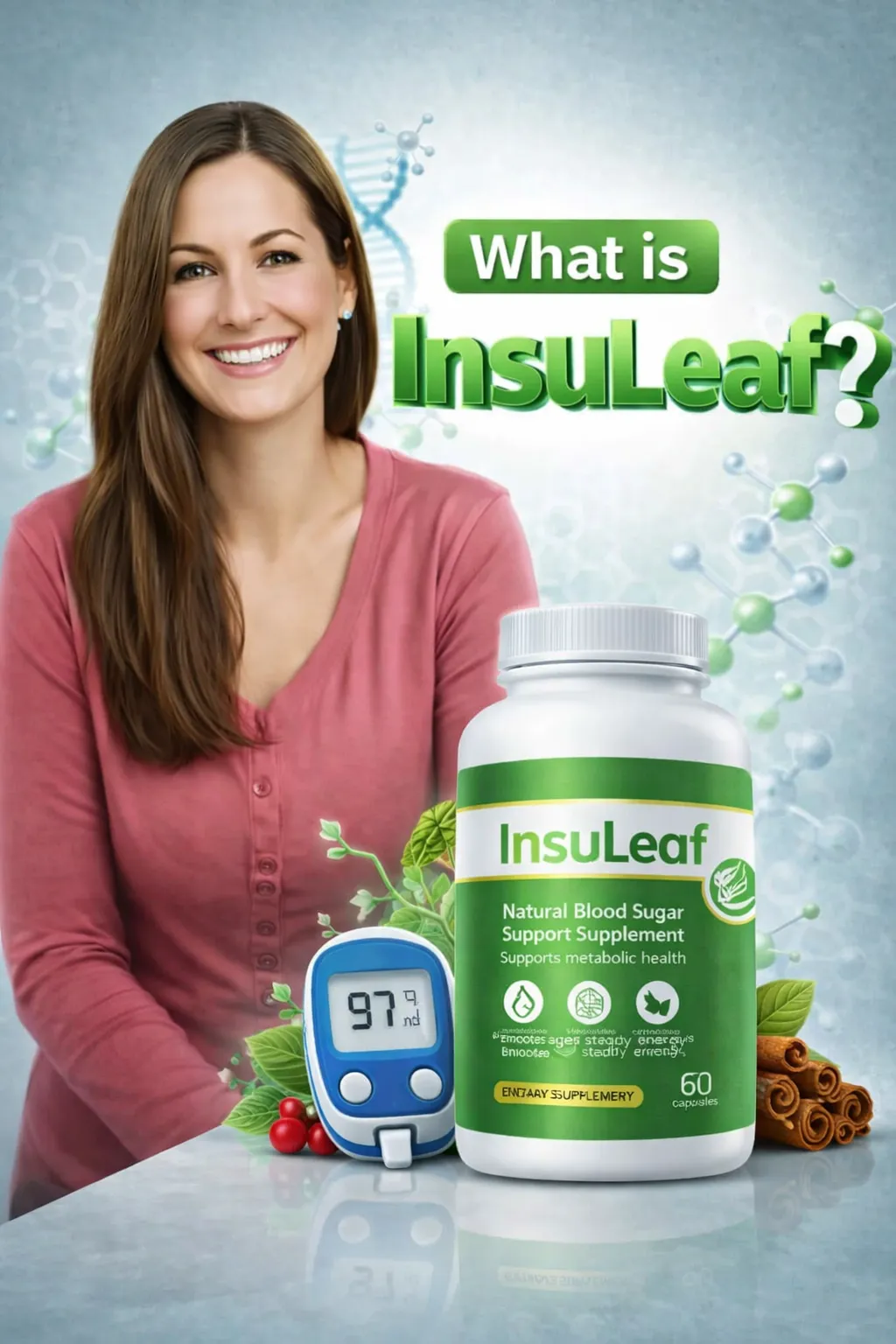 Smiling woman with InsuLeaf blood sugar support supplement bottle, glucose meter reading 97, and “What is InsuLeaf?” text in 3D green design background.